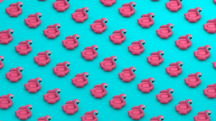 Isometric pattern of flamingo pool floats on minimalist pink background. 3D illustration render.
