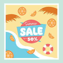 Summer sale banner vector illustration. pattern orange fruit and beach poster sale concept.hello summer sale