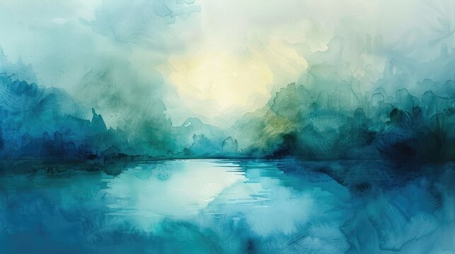 Abstract watercolor painting with calming blues and greens, Tranquility tone, Serene Waters
