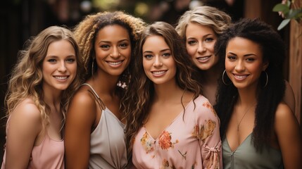 Young Women Smiling Together in a Group. Group of young women smiling and enjoying each other's company, reflecting joy, friendship, and unity in a casual setting.