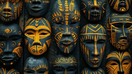 An African mask with a yellow background and intricate patterns. The striking contrast between the mask and background enhances the cultural significance and artistic details of the mask.