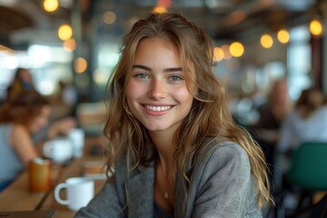 Obraz premium Happy Young Woman in Trendy Café. Smiling young woman with long brown hair, wearing a gray jacket, sits in a trendy café with warm lighting and a cheerful atmosphere.