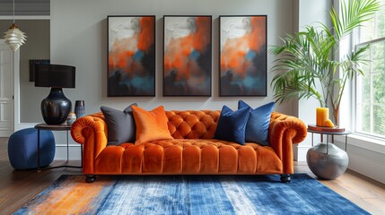 Bright Living Room with Orange Sofa and Abstract Art. Stylish living room featuring an orange tufted sofa, blue and gray cushions, and abstract art pieces, creating a vibrant and modern atmosphere.
