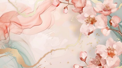 Elegant watercolor floral background featuring delicate pink blossoms with gold accents on a soft pastel backdrop.