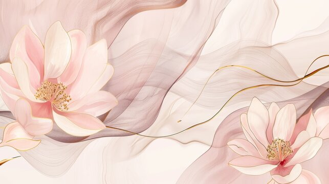 Elegant pink and white flowers on a light background with flowing, translucent waves, creating a soft and serene atmosphere.