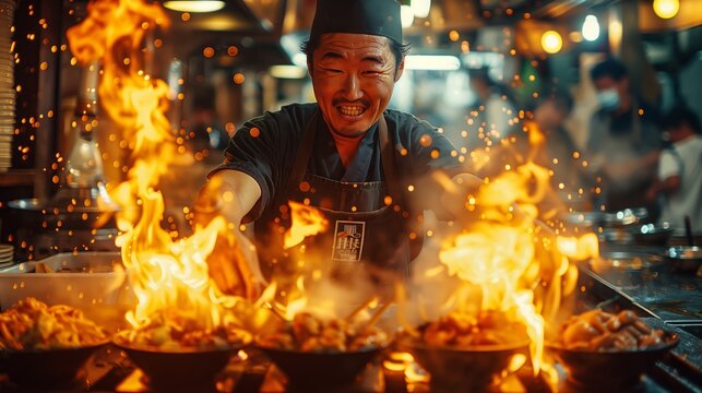 Chef Cooking with Flames in Street Food Market. Dynamic scene of a chef cooking with intense flames in a street food market, capturing the lively and fiery atmosphere of Asian cuisine.