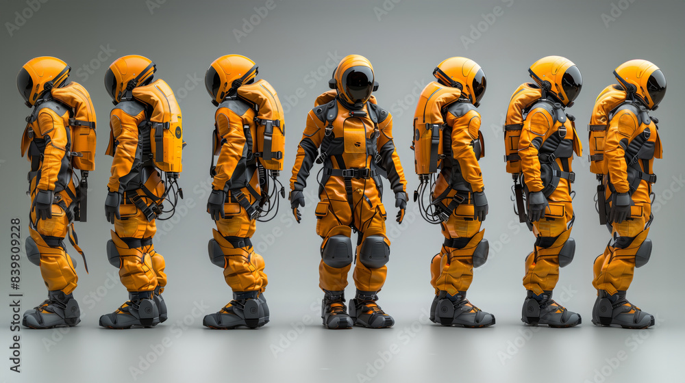 Poster orange exoskeleton suit display in multiple angles. detailed display of an orange exoskeleton suit f