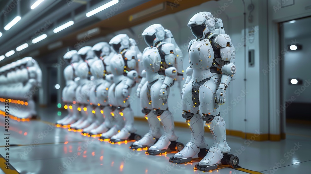 Poster row of futuristic robotic suits in laboratory. row of futuristic robotic suits lined up in a high-te