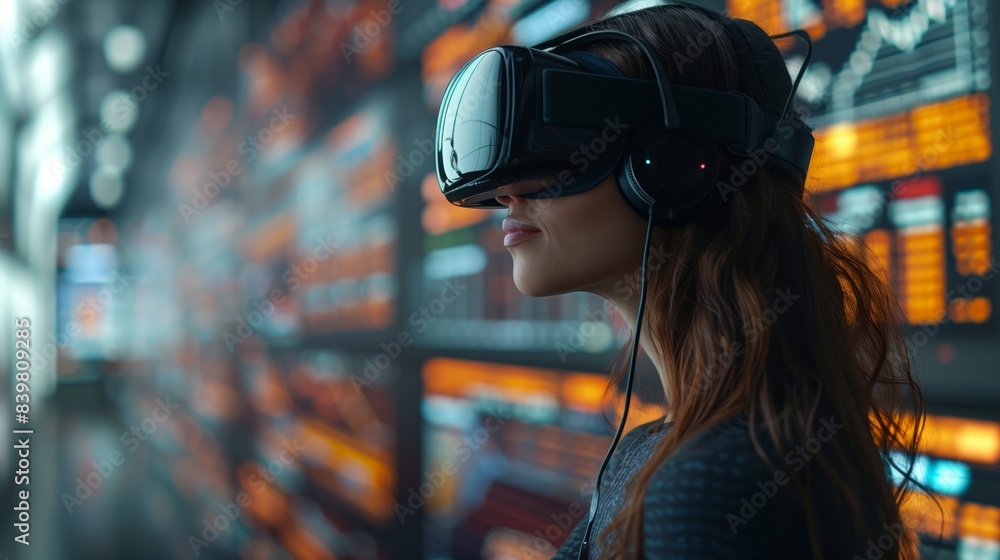 Poster woman engaged in virtual reality analysis. woman using virtual reality goggles, standing in front of