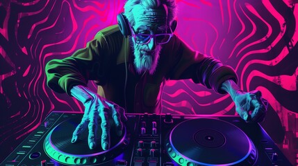An energetic senior man DJing with bright, electric colors glowing around him, highlighting his passion for music and vibrant personality in a dynamic, lively scene.