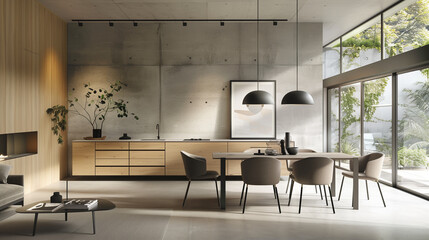 Modern Kitchen with Contemporary Furniture and Large Windows