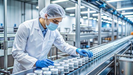 Pharmacist scientist with sanitary gloves examining medical vials on a production line conveyor belt in a pharmaceutical factory