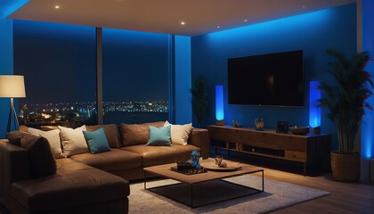 Modern luxury bed room apartment with bright blue light