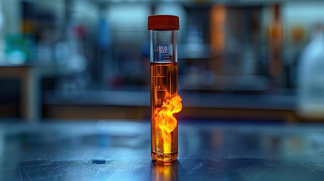 a test tube with a beautifully burning fire stands on a table in the laboratory, British science week, vertical  