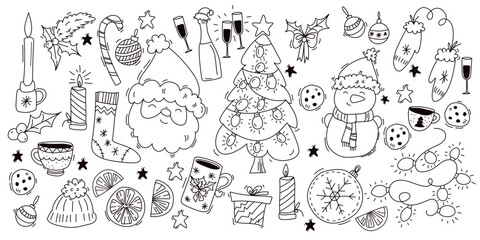 Winter,New year, Christmas outline icons Big set.Many different decorative elements for winter holidays for design. Doodle sketch in style of child's hand drawing. Vector