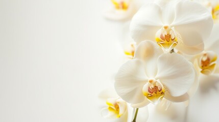 white orchid on white background, copy space 