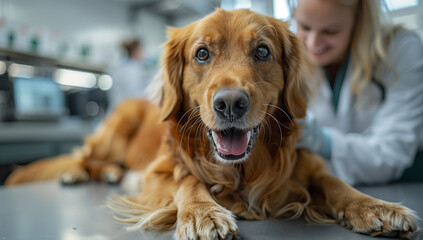 Golden Retriever Receiving Gentle Care During Veterinary Examination