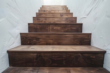 Sleek wooden staircase with natural finish between bright white walls. Interior design concept