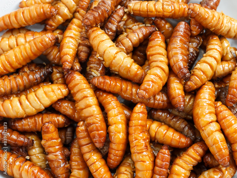 Wall mural close up fried crispy worm as background