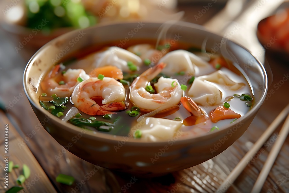 Wall mural A bowl of soup with shrimp and vegetables