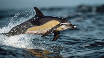 Obraz premium A vibrant scene featuring a playful dolphin making an impressive leap out of the clear blue ocean, showcasing marine wildlife in its natural habitat on a sunny day 