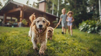 Parents and kids playing with a dog in the backyard of their new home, joyful and relaxed
