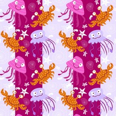 Naklejka premium Summer animals print seamless cartoon crabs and jellyfish pattern for wrapping