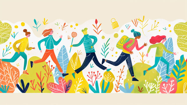 Incorporates playful illustrations of people achieving their goals in a fun and whimsical way. This could be people running marathons, starting businesses, or finally mastering a new skill.
