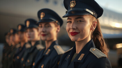 Confident Line of Female Pilots in Uniform at the Airport