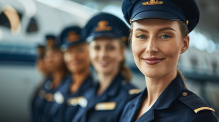 Uniformed Female Pilots Standing Confidently in Line at Airport