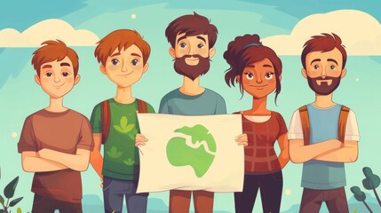 Cartoon vector people holding banners and signs promoting ozone layer protection Generative AI
