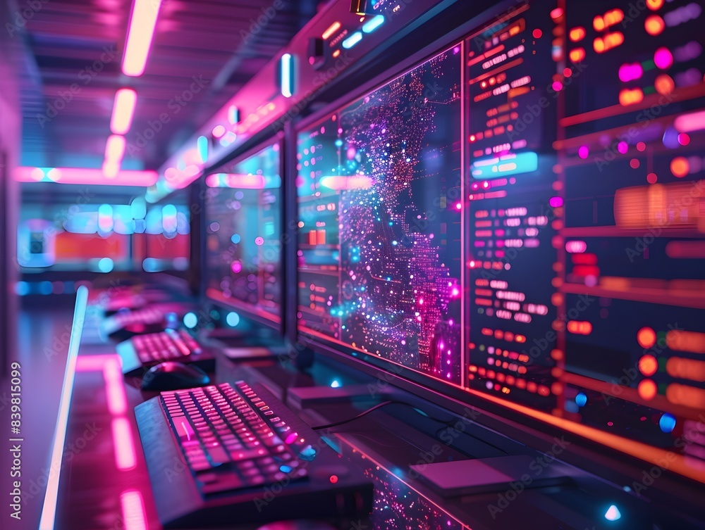 Poster quantum computer in a futuristic research lab with glowing elements and technology concept