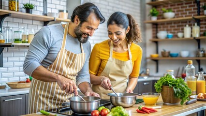 Naklejka premium Latino man and Helena in a cooking class, cooking together and having fun.