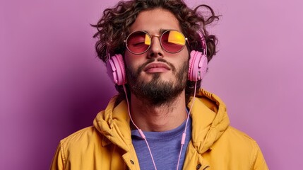 Obraz premium Funky Man with Headphones on Purple Background