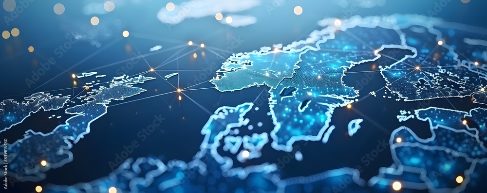 Poster cyber technological map of scandinavia with digital data transfer connections
