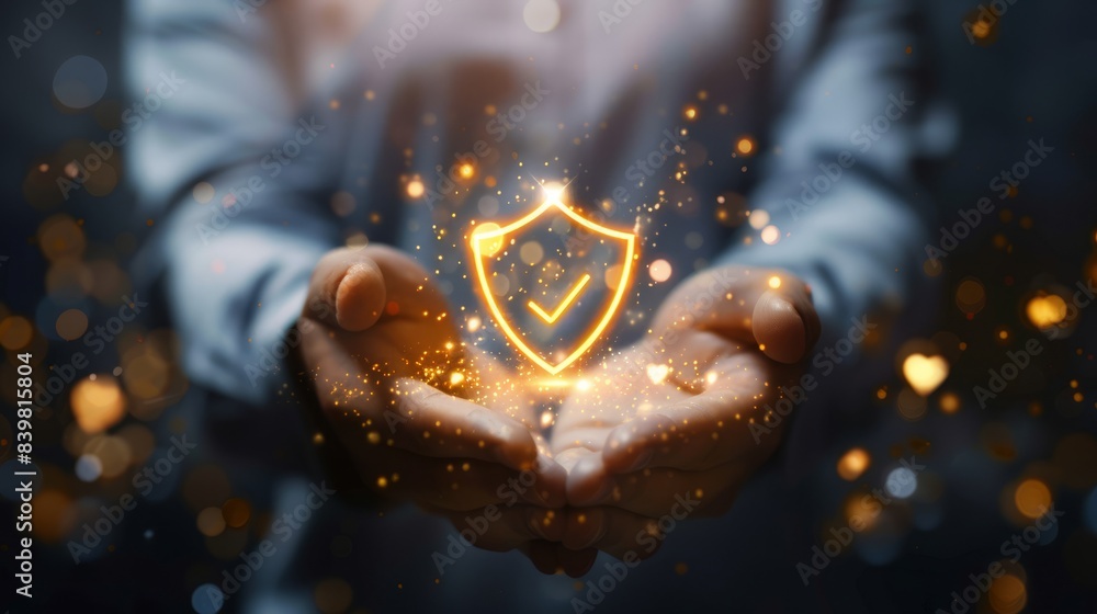 Poster businessman with virtual cyber security technology and online data protection for security of data s