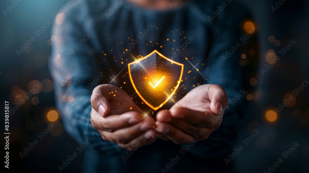 Poster businessman with virtual cyber security technology and online data protection for security of data s