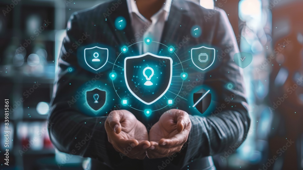Poster businessman with virtual cyber security technology and online data protection for security of data s