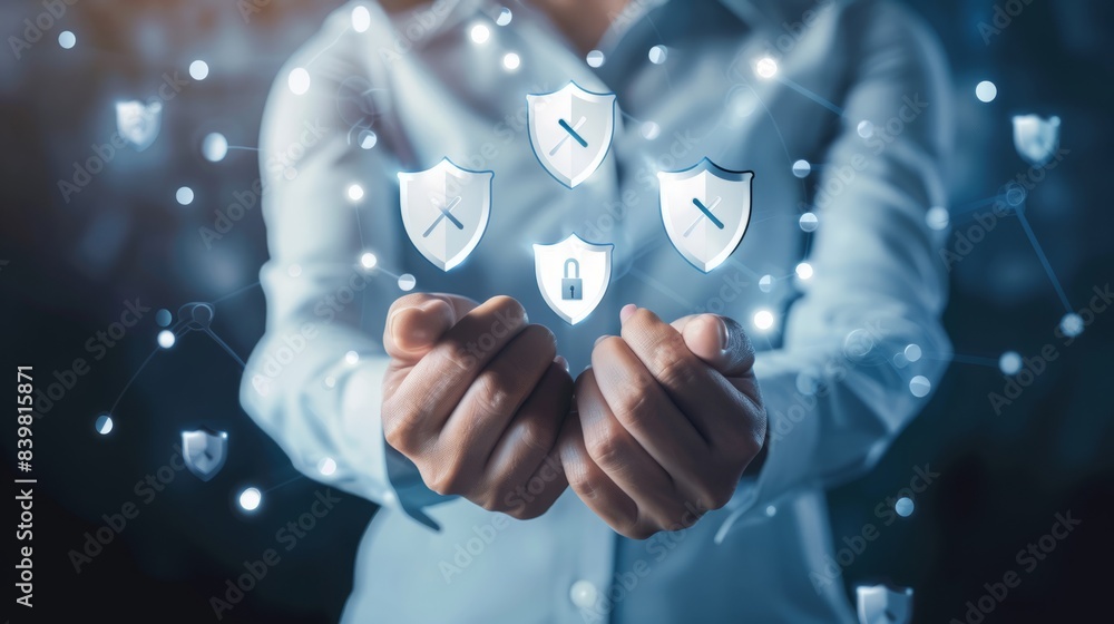 Poster businessman with virtual cyber security technology and online data protection for security of data s