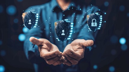 Businessman with virtual cyber security technology and online data protection for security of data storage used by global business network server to secure cyber information 