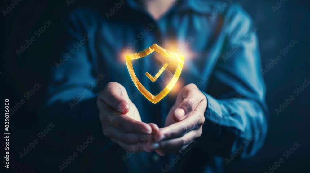 Poster businessman with virtual cyber security technology and online data protection for security of data s