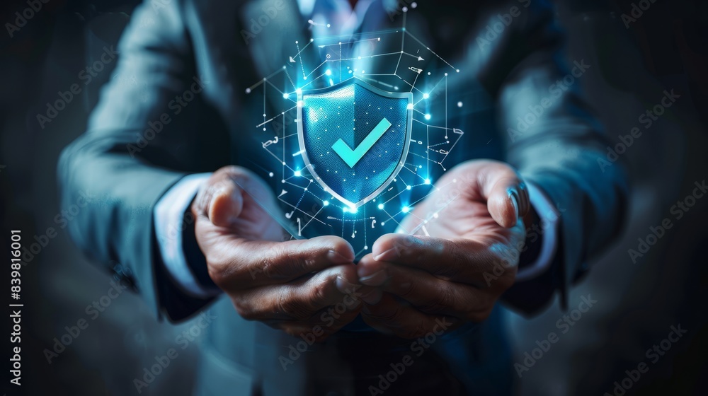 Poster businessman with virtual cyber security technology and online data protection for security of data s