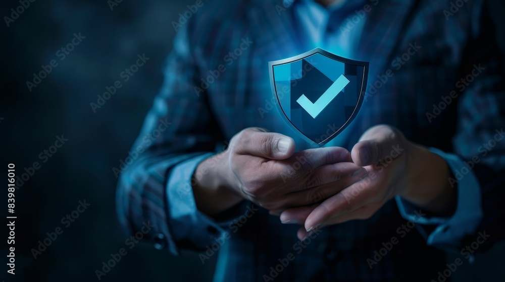 Poster businessman with virtual cyber security technology and online data protection for security of data s