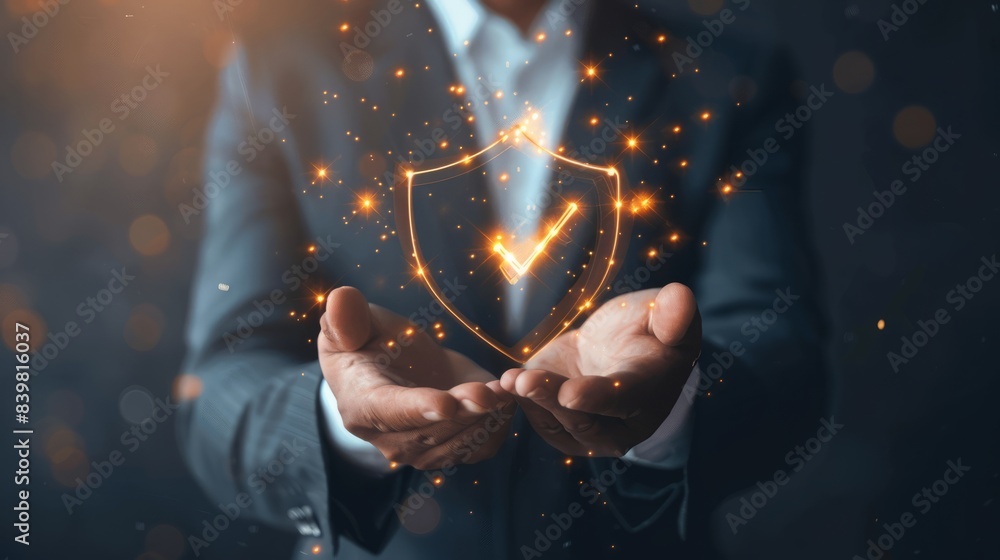 Poster businessman with virtual cyber security technology and online data protection for security of data s