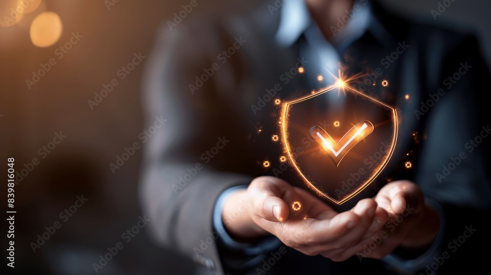 Poster businessman with virtual cyber security technology and online data protection for security of data s