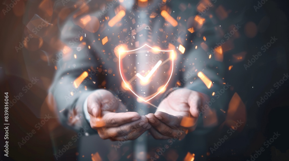 Poster businessman with virtual cyber security technology and online data protection for security of data s