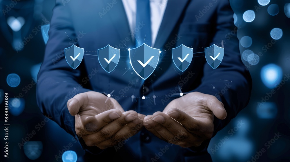 Poster businessman with virtual cyber security technology and online data protection for security of data s