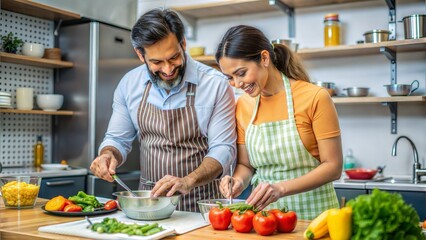 Naklejka premium Latino man and Helena in a cooking class, cooking together and having fun.