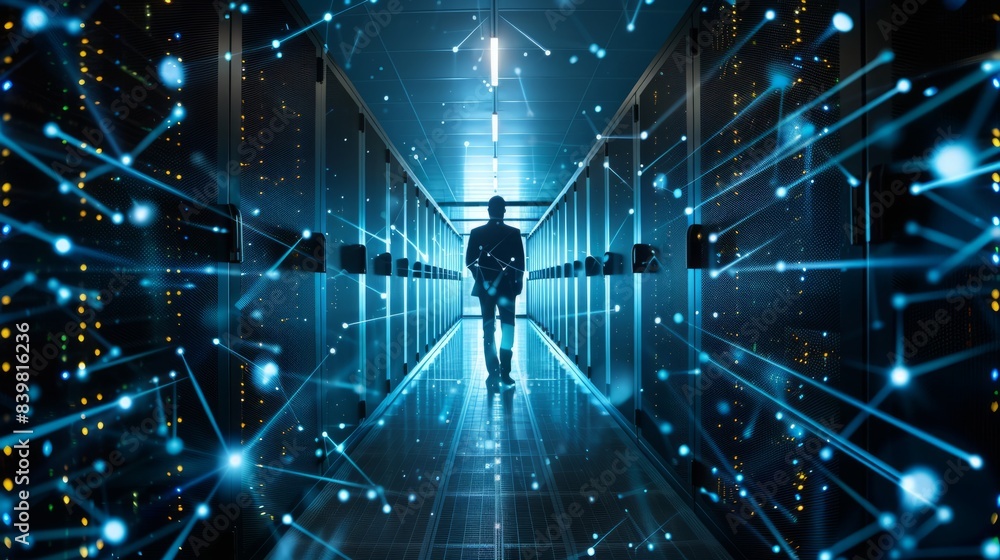 Poster businessman with virtual cyber security technology and online data protection for security of data s