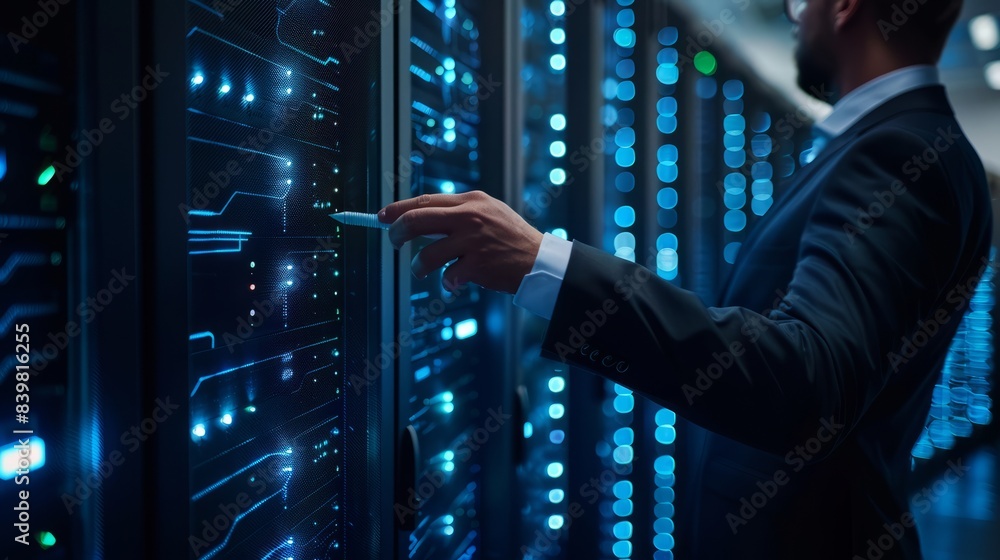 Poster businessman with virtual cyber security technology and online data protection for security of data s